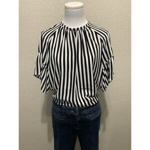 LOFT, Short Sleeve Tunic Blouse, Tie Closure, Black And White Stripe, Size: M